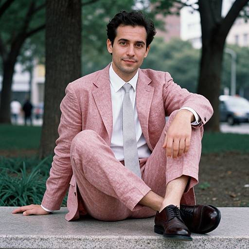 Photograph of a dark-haired man in a pink checkered suit, white shirt, black shoes, sitting casually on a stone bench in a park.