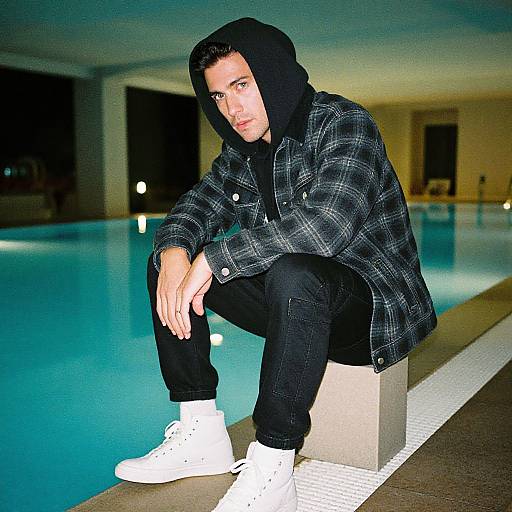 Photograph of a young man with fair skin and dark hair, wearing a black hooded jacket, plaid shirt, black jeans, and white sneakers