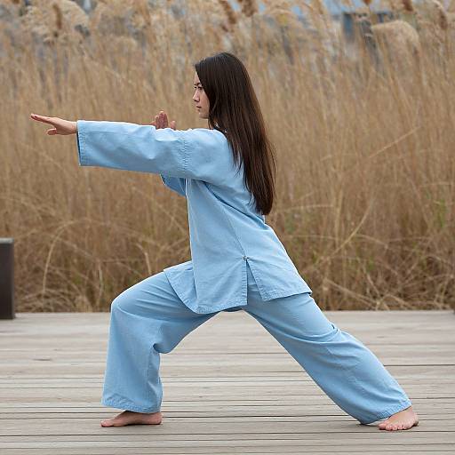 Photograph of a woman with long dark hair performing a martial arts stance in a light blue gi on a wooden deck with tall, dry grass in the