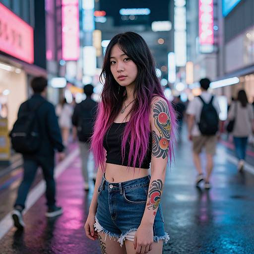 Photograph of an Asian woman with long pink-to-black hair, black crop top, denim shorts, colorful tattoos, standing in a neon-lit,