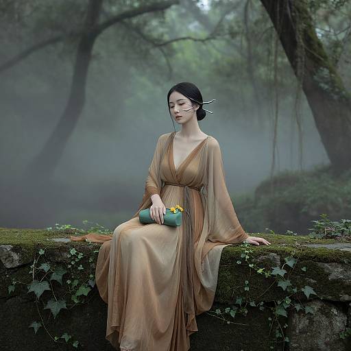 Digital artwork of a serene, fair-skinned woman with black hair in a loose bun, wearing a flowing beige dress, sitting on a moss-covered stone