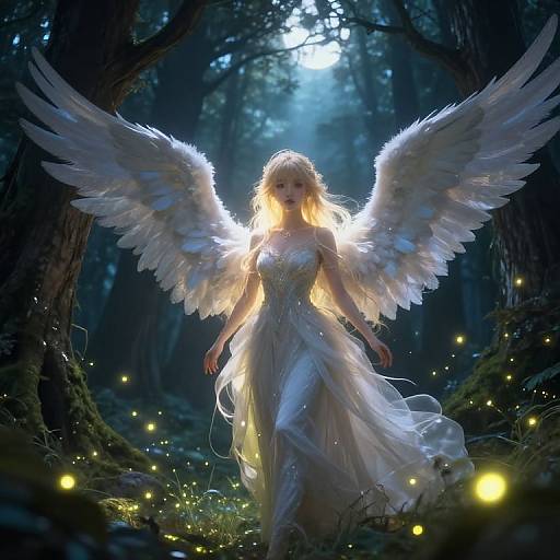 Digital art of a glowing, ethereal angel with white wings and flowing dress, illuminated by moonlight in a dark, enchanted forest with floating fireflies