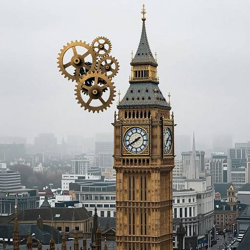 Photograph of London's Big Ben clock tower with large, floating gears in front, set against a foggy cityscape background.