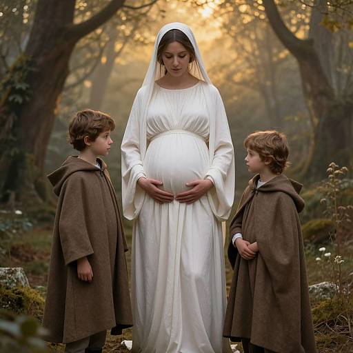Photograph of a pregnant woman in a white, flowing dress and veil, standing between two boys in brown cloaks, in a forest with a golden
