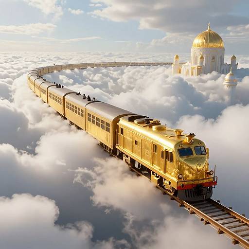 Golden train flying through fluffy clouds, above a white mosque with a golden dome, under a bright sky with scattered clouds. Photorealistic CGI image.