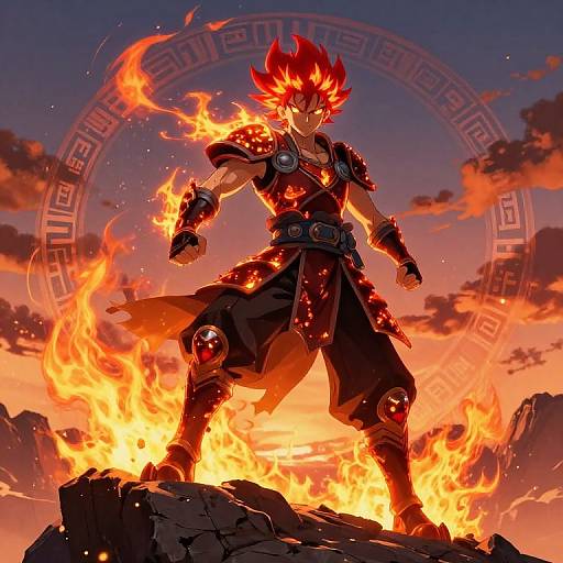 Digital artwork of a muscular, red-haired warrior with fiery aura, standing on a rock amidst flames, wearing black, fiery-patterned armor.