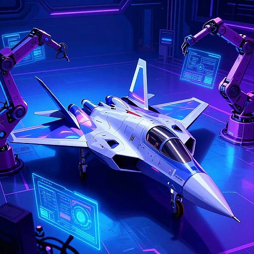 Digital artwork of a futuristic, white jet fighter with blue and purple neon lighting, surrounded by robotic arms and holographic screens.