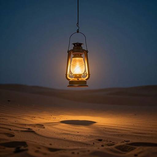 Photograph of a glowing lantern hanging over a desert landscape at dusk, casting an orange light on the sandy ground.