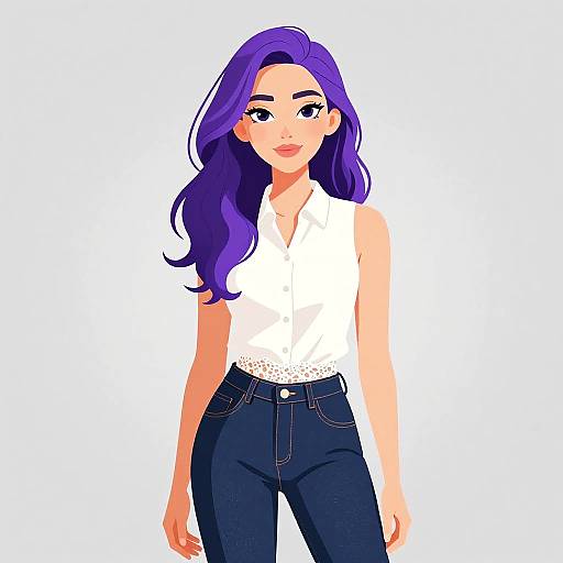 Digital illustration of a stylish woman with long purple hair, wearing a sleeveless white blouse and dark blue jeans, standing against a plain white background.
