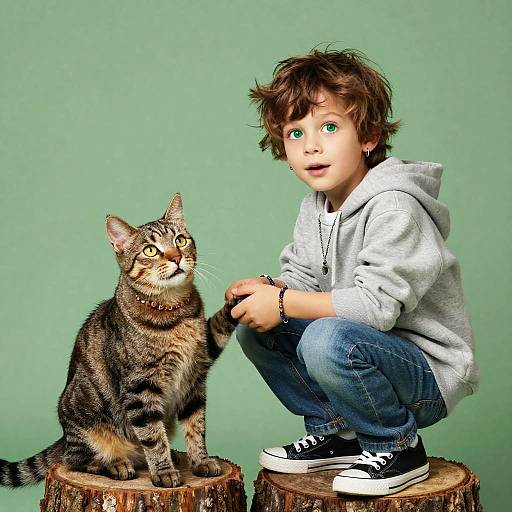 Photograph of a young boy with green eyes, brown curly hair, in a gray hoodie and jeans, squatting beside a tabby cat on tree