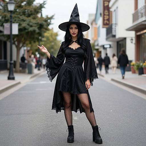 Photograph of a young woman in a black witch costume, including hat, dress, fishnet stockings, and platform boots, standing confidently on a city