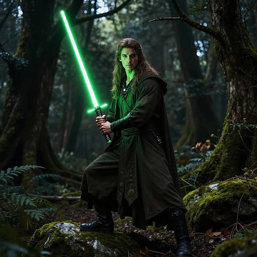 Druid with Green Lightsaber in Forest