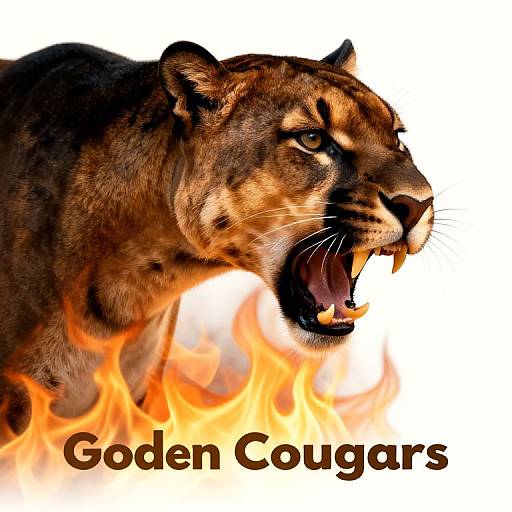 Photograph of a roaring cougar with fiery orange flames around its lower body, text 