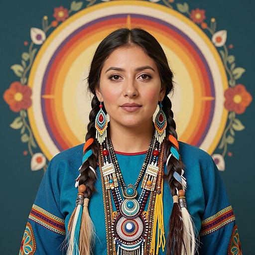 Photograph of a Native American woman with long braided hair, wearing colorful beaded jewelry and traditional blue dress, against a vibrant sunburst pattern background