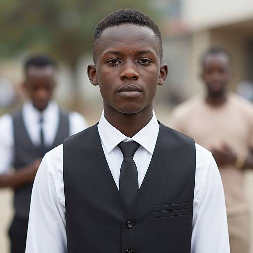 Photograph of a serious young Black boy in a black vest, white shirt, and black tie, with blurred background and other boys.