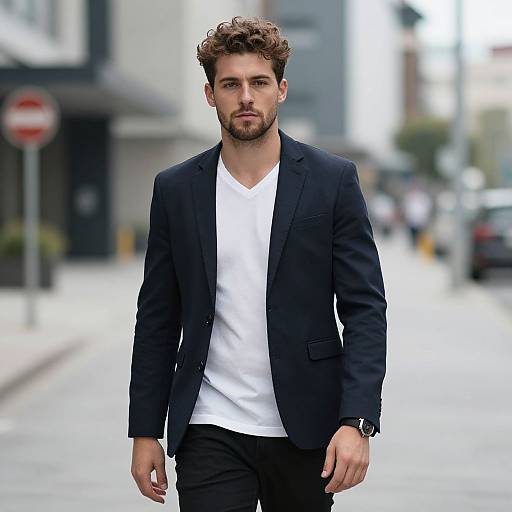 Photograph of a handsome, curly-haired man with a beard, wearing a black suit over a white shirt, walking down a city street. Urban background