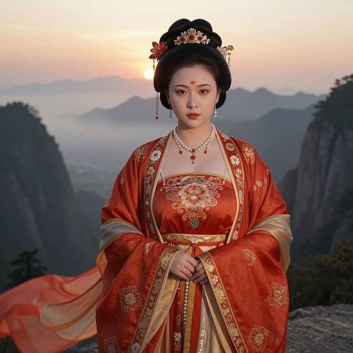 Photograph of an Asian woman in traditional red and gold Chinese wedding dress with intricate embroidery, pearl necklace, and ornate hairpiece, standing against a