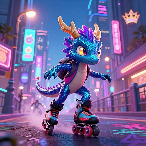 CGI image of a blue, purple-spiked dragon with yellow horns rollerblading through a neon-lit, futuristic city street at night.
