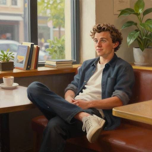 Photograph of a young, curly-haired man in a blue shirt and white tee, sitting in a cozy café, reading a book, with a coffee