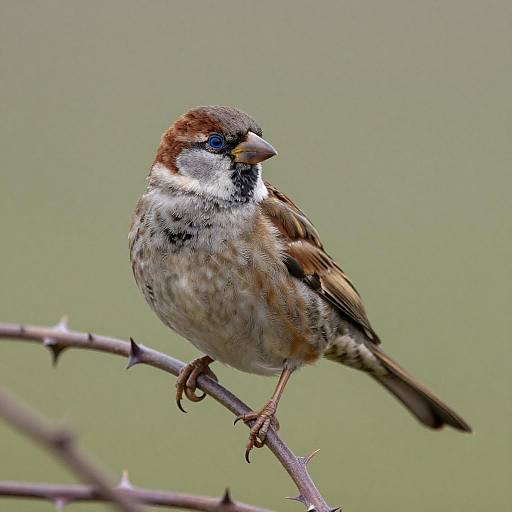 Sparrow with Blue Eyes on Thorn Branch
