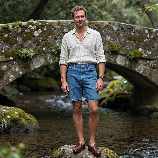 Photograph of a smiling man with short brown hair, wearing a white button-up shirt, blue denim shorts, and brown loafers, standing on a