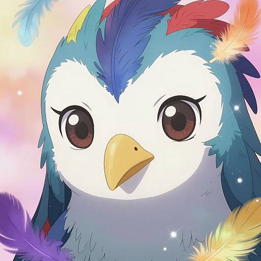 Digital anime-style drawing of a blue and white bird with large, expressive brown eyes, yellow beak, and colorful feathers against a pastel background.