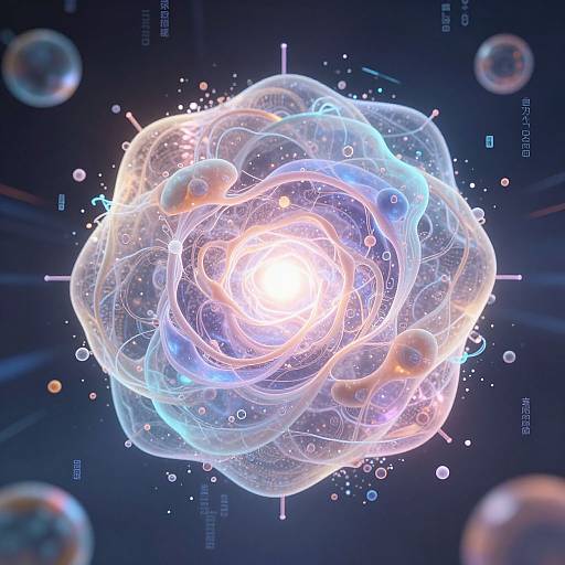 Digital CGI of a glowing, ethereal, blue and white, orb-like structure with swirling, translucent layers and bright central light, surrounded by smaller orbs