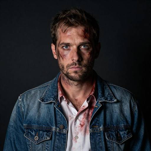 Injured man in denim jacket with blood stains