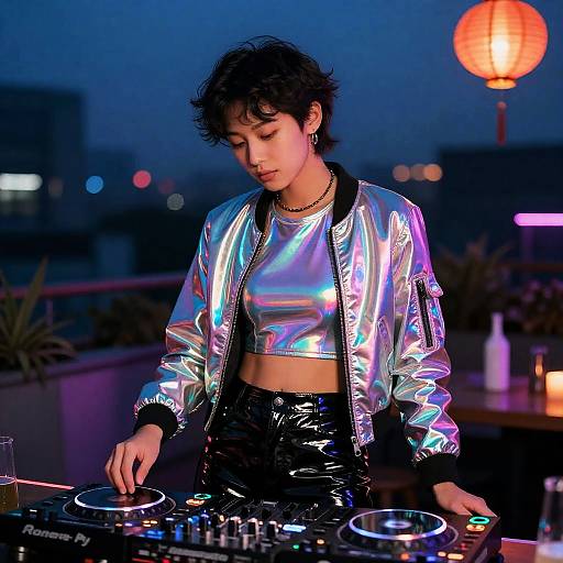 Non-Binary DJ at Neon Rooftop Party