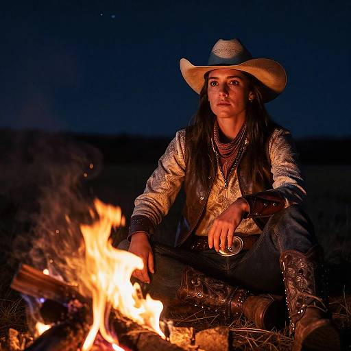 Petite Cowgirl by Campfire at Night
