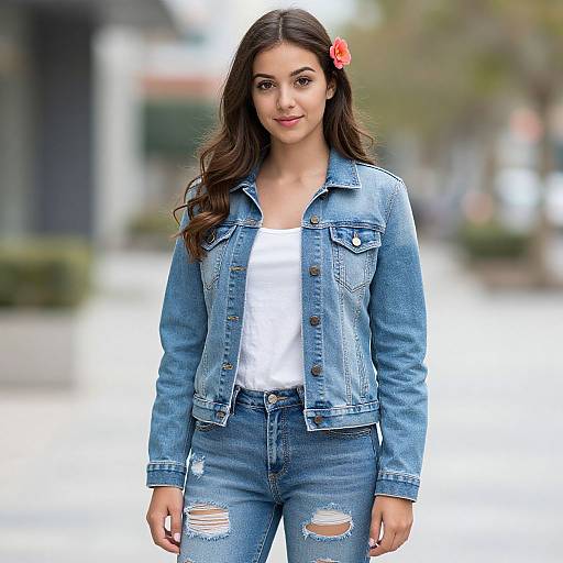 Photograph of a young woman with long brown hair, wearing a blue denim jacket, white top, and ripped blue jeans, with a pink flower in