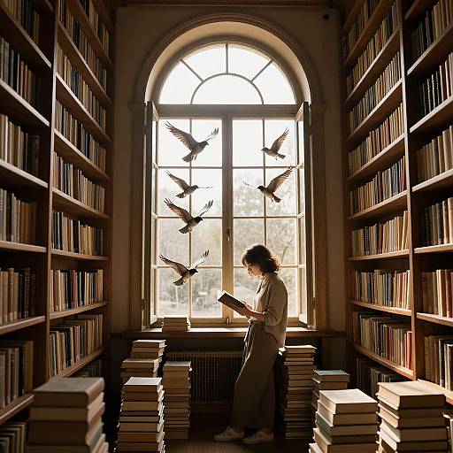 Photograph of a woman with curly hair, wearing a white blouse and brown skirt, reading in a sunlit library with books, surrounded by flying birds