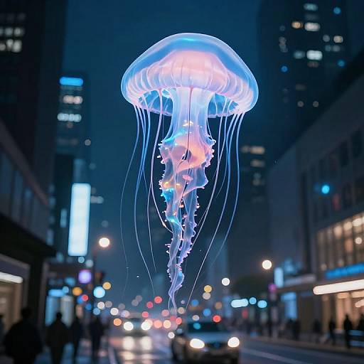 Photograph of a glowing blue jellyfish floating in a neon-lit city street at night, with blurred cars and buildings.