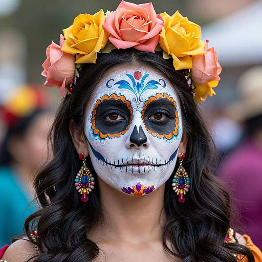 Photograph of a woman with dark hair, Day of the Dead face paint, yellow and pink flower headpiece, colorful earrings, in a blurred outdoor