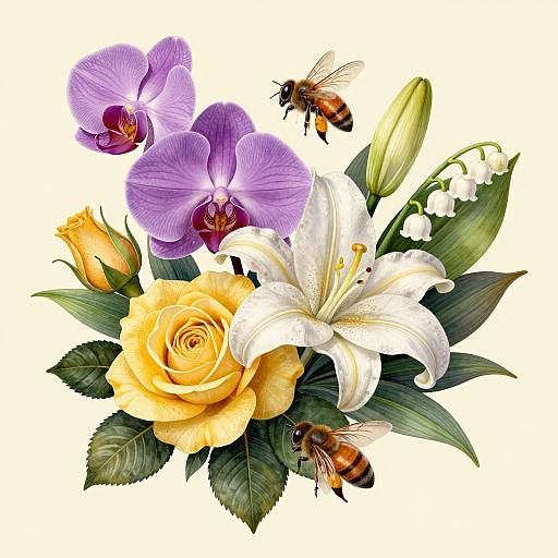 Elegant Floral Bouquet with Bees Tattoo