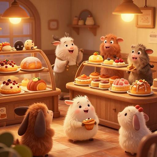 Whimsical CGI image of fluffy, anthropomorphic bunnies in a cozy, warmly lit bakery, joyfully eating and serving colorful pastries.
