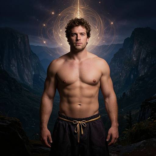 Photograph of a muscular, shirtless man with curly brown hair, wearing black pants, standing in a mountainous, starry night landscape with a
