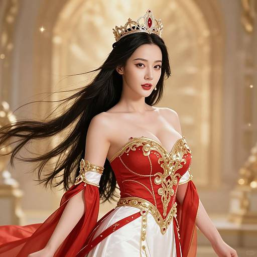 Digital art of an Asian woman with long black hair, wearing a red and gold ornate strapless dress, and a jeweled crown, floating in