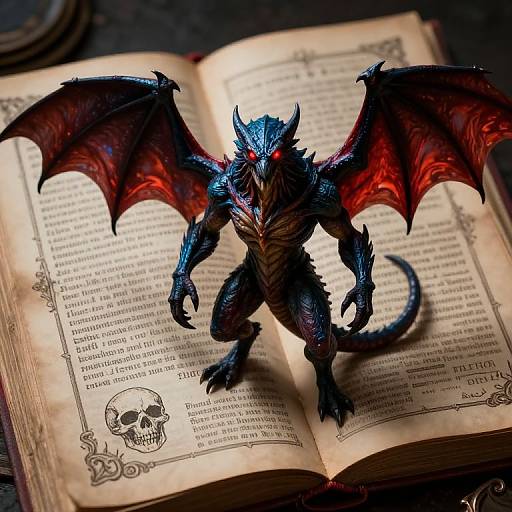 Photorealistic digital art of a black, red-winged demon with glowing red eyes standing on an open, aged book with a skull illustration.