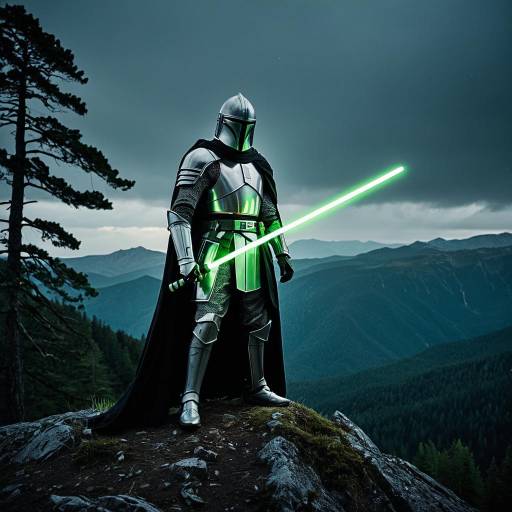 Knight with Green Lightsaber on Mountain Peak