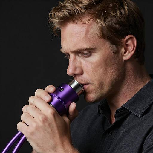 Focused Man with Purple Device Close-Up