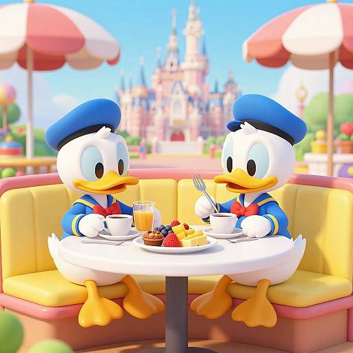Digital illustration of two Disney-style ducks in sailor uniforms, sitting on a yellow booth, sharing a table with a dessert, in a colorful, sunny outdoor