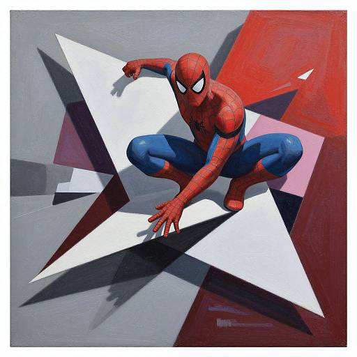 Digital painting of Spider-Man in red and blue suit, crouching with outstretched arm, surrounded by geometric white and red shapes.