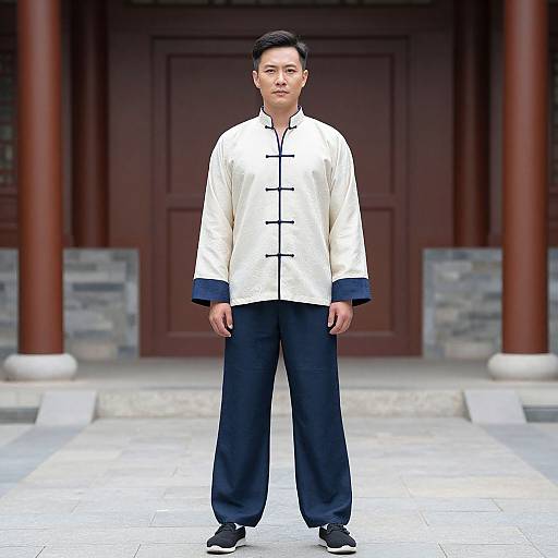 Photograph of an Asian man standing in front of a traditional Japanese temple, wearing a white long-sleeve traditional shirt with black trim and black pants