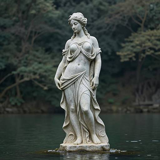 Photograph of a white marble statue of a classical female figure with draped clothing, standing on a rock in a serene, forested lake.