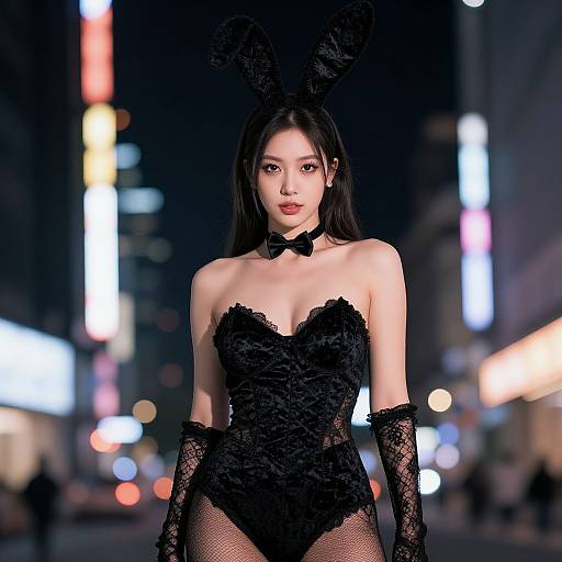 Photograph of an Asian woman in a black lace bunny costume with bow tie, gloves, and bunny ears, standing in a brightly lit, neon-l