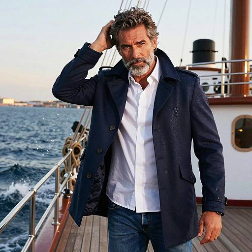 Middle-aged Man in Navy Pea Coat on Yacht Deck