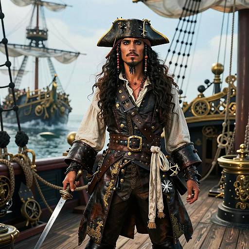 Photorealistic digital art of a muscular, long-haired pirate with dark skin, wearing a tricorn hat, white shirt, and black vest, holding