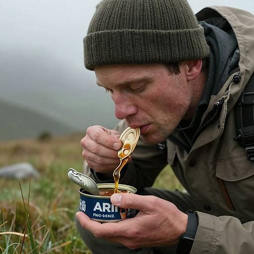 Photograph of a Caucasian man with a beanie, outdoor jacket, eating soup from an Arla 0% fat canned food in a grassy