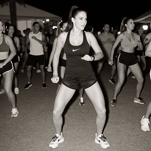 Black-and-white photograph of a fit, athletic woman in a Nike tank top and shorts, jogging determinedly in a nighttime group run, with other runners
